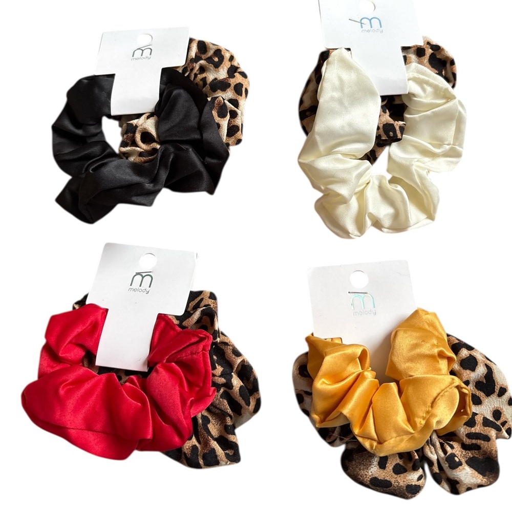 2 Hair Scrunchies Solid Color & Leopard